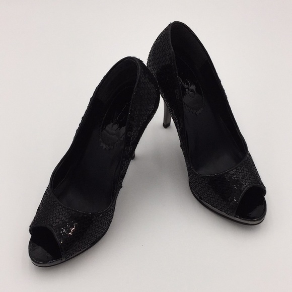 Aldo Ladies Black Sequin High Heels Pumps Open Toe Size 5.5 - Picture 10 of 11